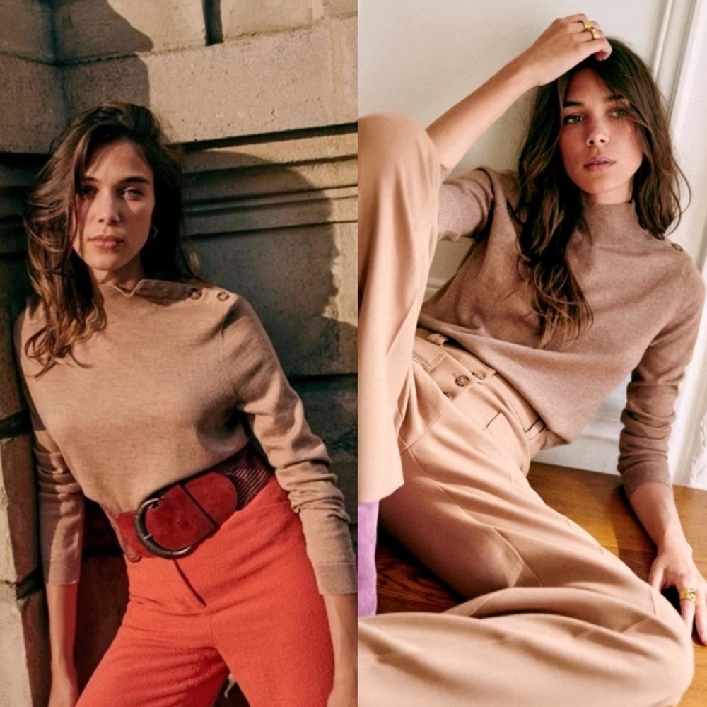 Sezane Merino Wool Sweater‎ Button Shoulder Camel Brown Size Medium Turtleneck M